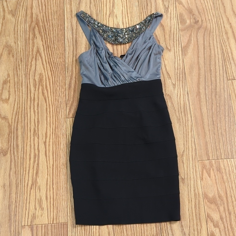 Maria Bianca Nero Silk Combo Bandage Dress Gray Black Jeweled Bodycon Size S